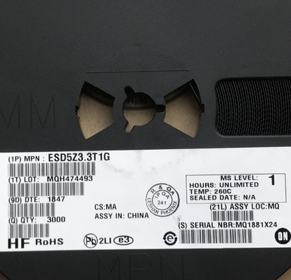ESD5Z3.3T1G Δίοδος Σύσφιξης 3.3V, Πακέτο SOD-523, <1pF Χωρητικότητα, Αμφίδρομη, IEC 61000-4-2 Επίπεδο 4 (30kV), Προστασία ESD, Άμυνα Γραμμής Δεδομένων Υψηλής Ταχύτητας, Ιδανικό για Φορητά Ηλεκτρονικά