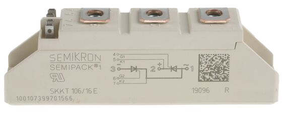 SKKT106/16E 1600V 106A Μονάδα Διπλού Θυριστόρ Χαμηλής VF 1.35V 2.4kA Υπέρταση Κεραμική Βάση AlN Επαφές Πίεσης SEMIPACK1 Απομονωμένη Πιστοποίηση UL για Soft Starters και Drives